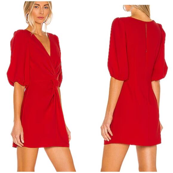 Amanda Uprichard Red Puff Sleeve Knot Front S Mini Dress Women's V-Neck Cocktail - Picture 1 of 9